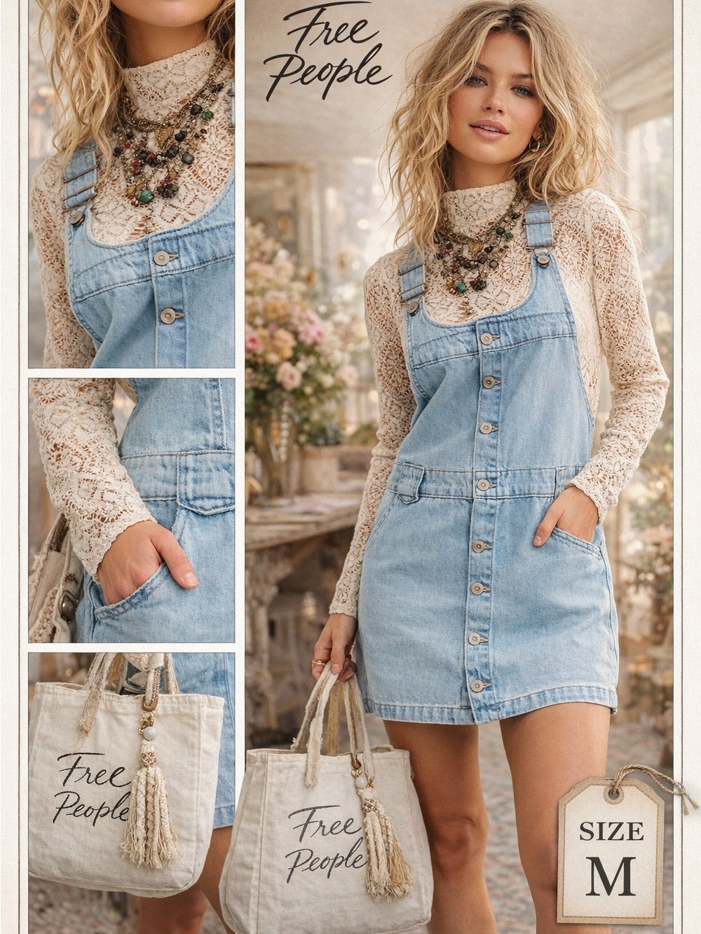 Free People Light Wash Denim Button-Front Overall.